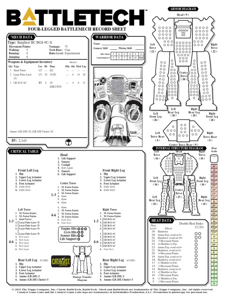 Barghest BGS-9C-X BattleTech Record Sheet – Four-Legged BattleMech Specifications and Stats