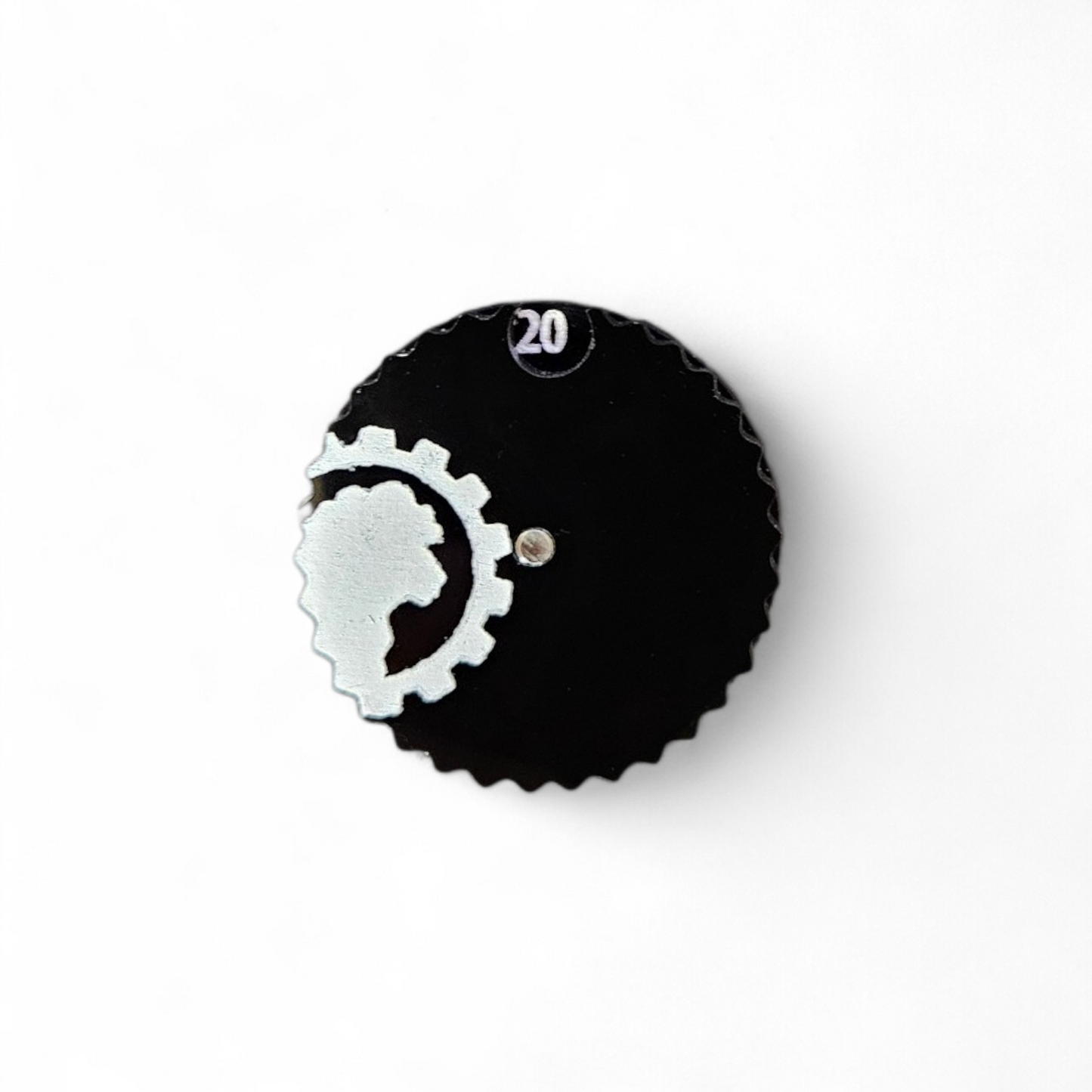 Black acrylic 1–20 counter dial with etched Blacksheep Industries gear logo and white painted numbers, magnet pre-installed, for tabletop RPG and CCG game tracking