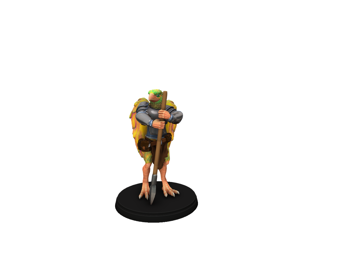 Front view of the Aarakocra Miniature for tabletop RPGs, holding a spear with intricate armor and avian features on a 28mm black base.