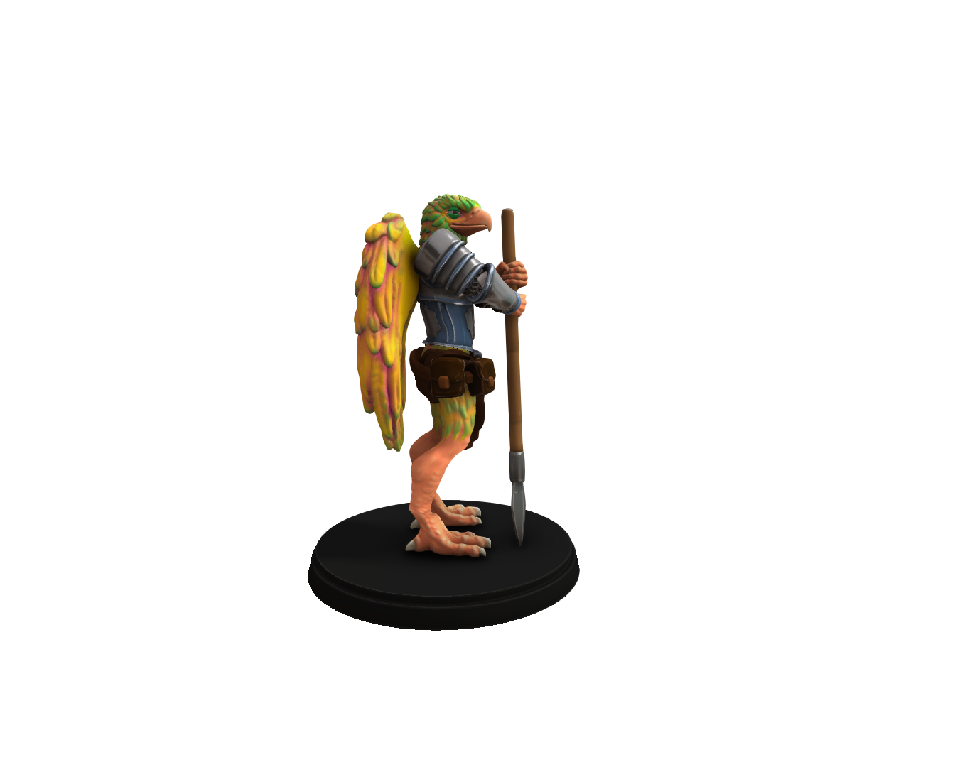 Side view of the Aarakocra Miniature for tabletop RPGs, featuring detailed feathered wings, armor, and a spear on a 28mm black base.