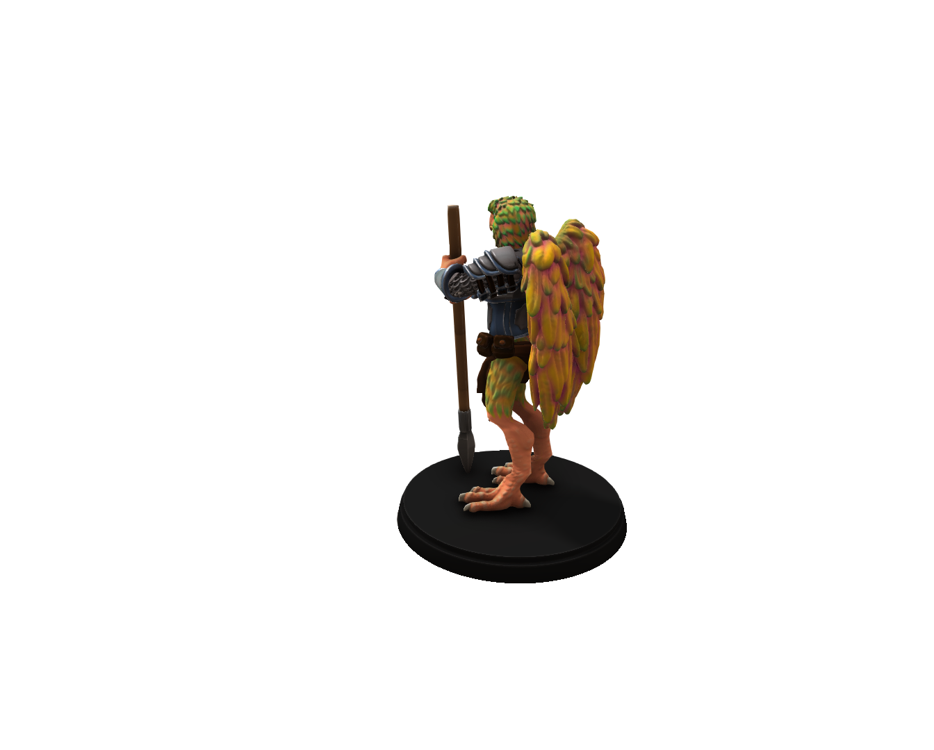 Rear view of the Aarakocra Miniature for tabletop RPGs, showcasing colorful wings, detailed armor, and a dynamic pose on a 28mm black base.