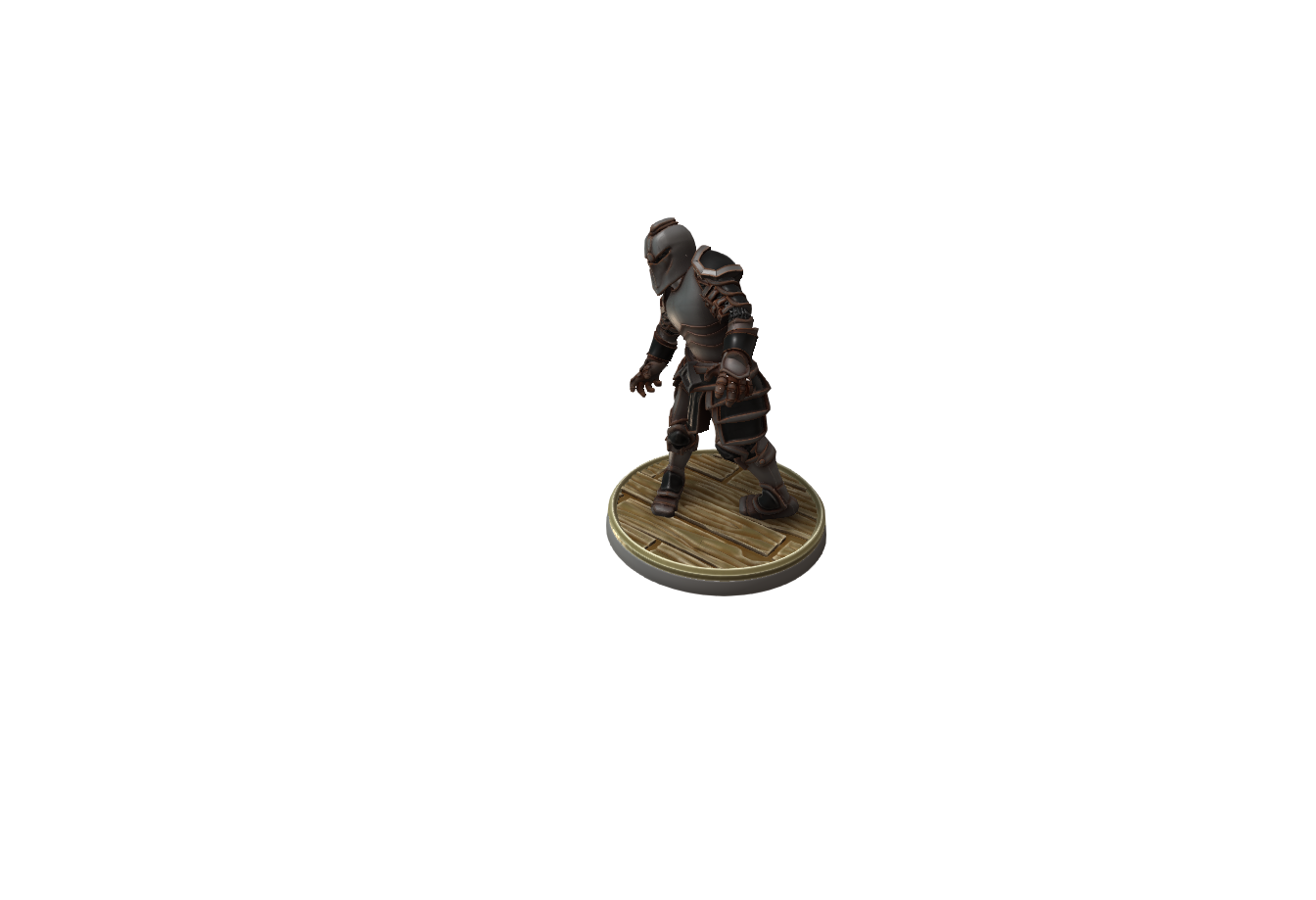 Angled view of the Animated Armor miniature for D&D and tabletop RPGs, crafted by Blacksheep Industries, highlighting its intricate resin detail on a 28mm wooden-textured base.