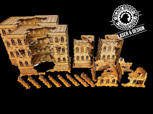 Destroyed City Table Set - Detailed 4-Level, 3-Level, and 1-Level Buildings with Walls - Blacksheep Industries Laser & Design