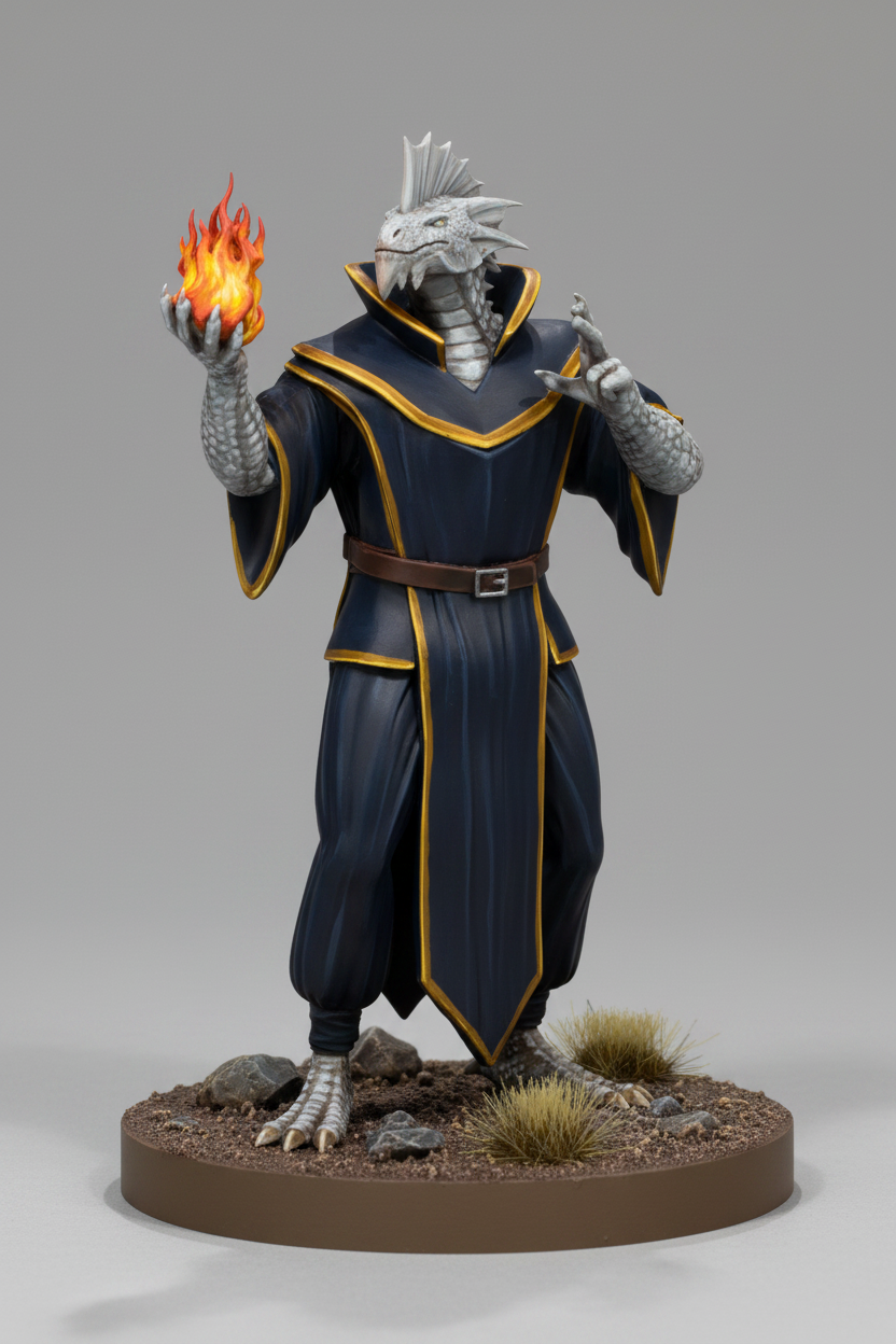 Silver Dragonborn Male Sorcerer (Fireball) – RPG Miniature for Dungeons & Dragons, Pathfinder, and Tabletop RPGs