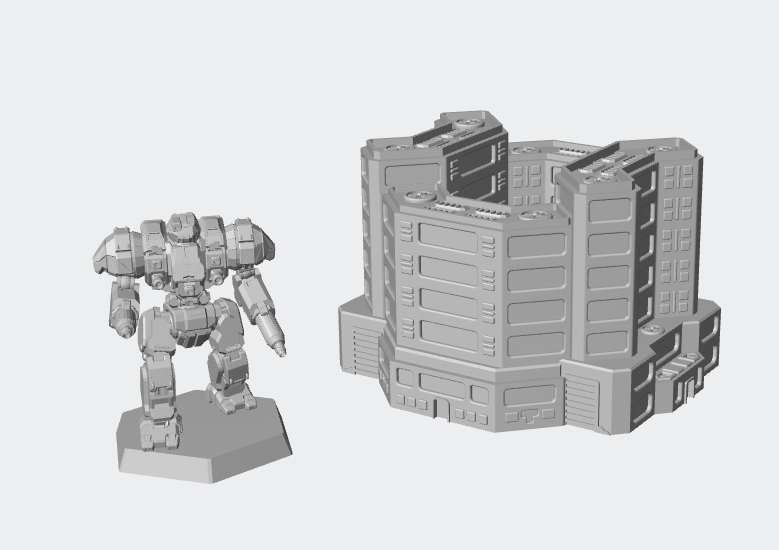 3D rendering of a BattleMech and a futuristic building structure. The BattleMech stands on a hexagonal base, while the multi-level building features a detailed, sci-fi design.