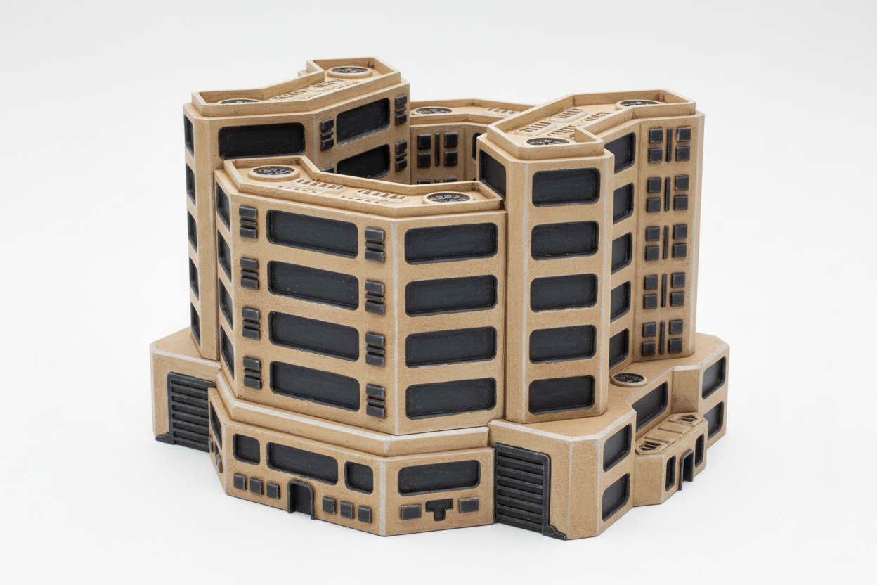 3D rendering of a BattleMech and a futuristic building structure. The BattleMech stands on a hexagonal base, while the multi-level building features a detailed, sci-fi design.