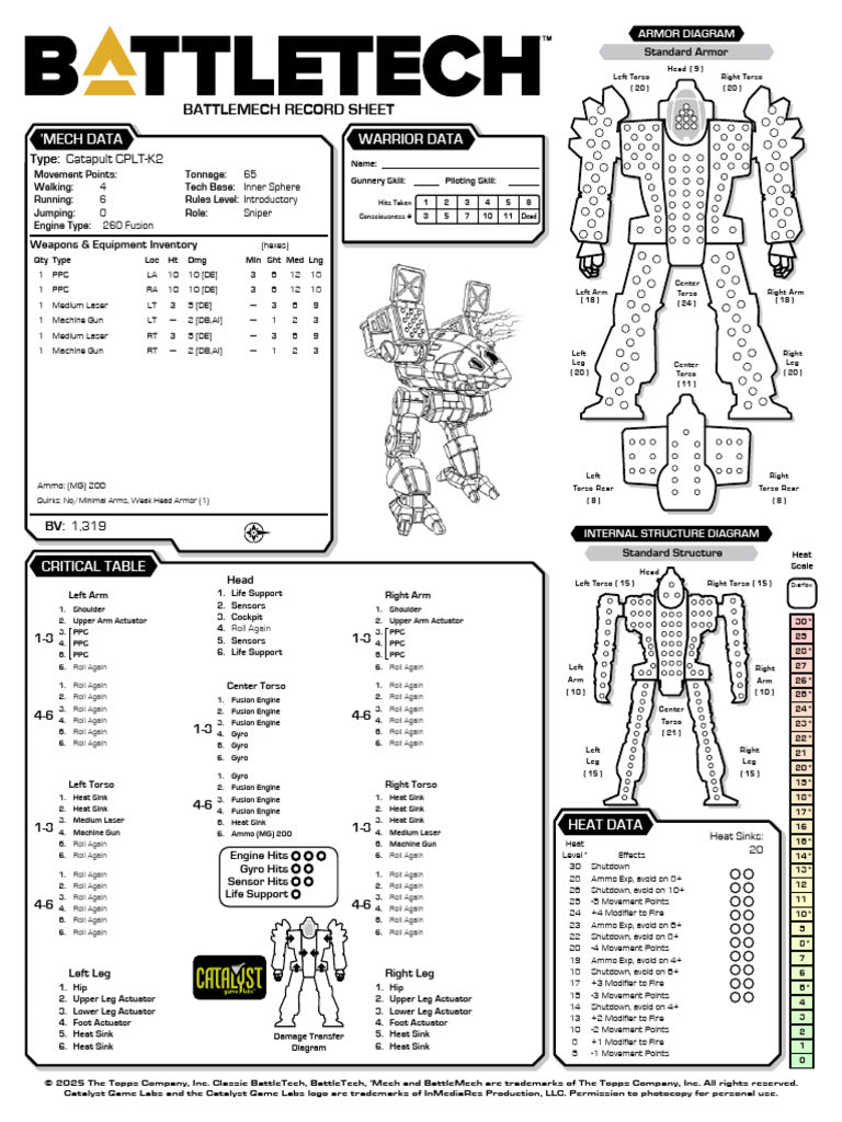 Catapult CPLT-K2-6 – BattleTech Miniature Resin Printed Model | Inner Sphere Heavy BattleMech