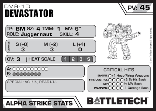 Devastator DVS-1D – BattleTech Miniature Resin Printed Model | Inner Sphere Assault BattleMech