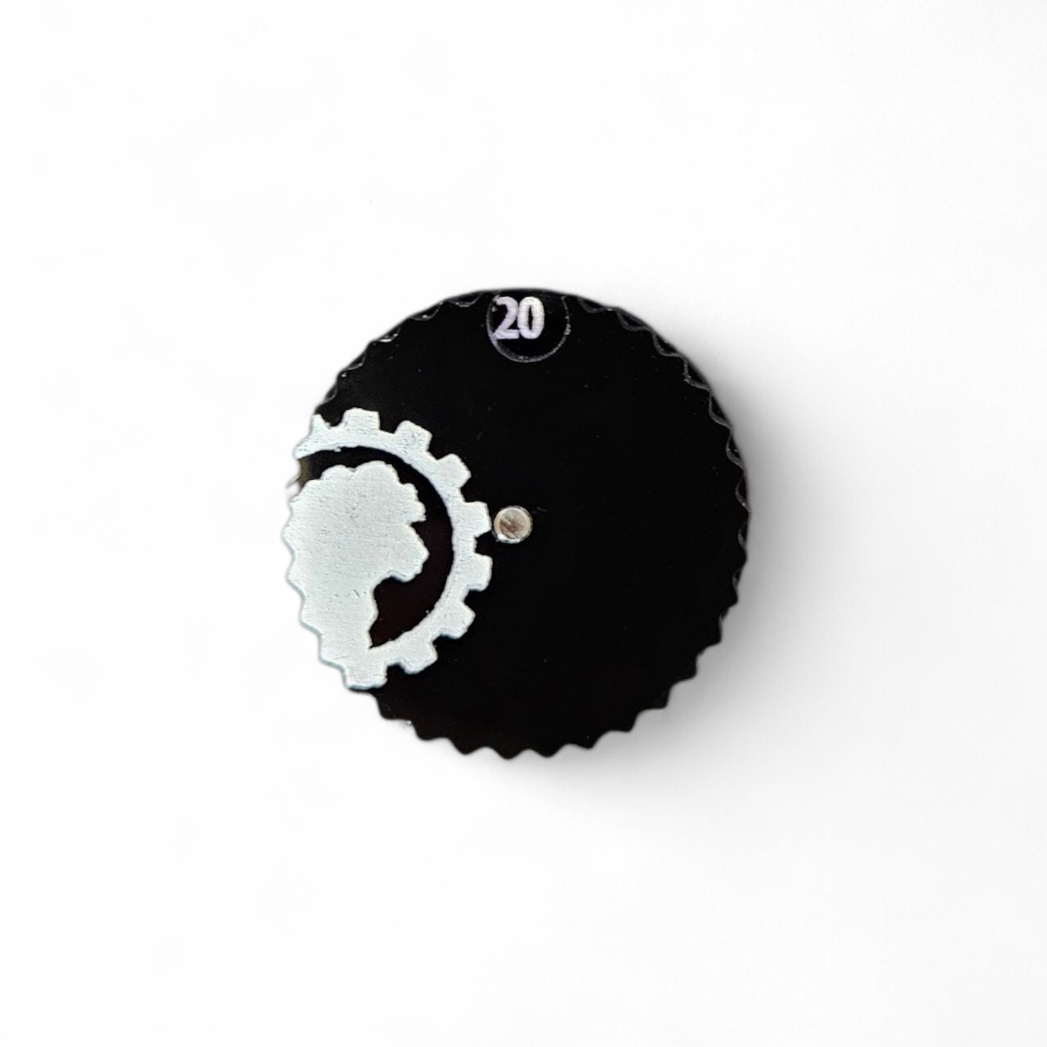 Black acrylic 1–20 counter dial with etched Blacksheep Industries gear logo and white painted numbers, magnet pre-installed, for tabletop RPG and CCG game tracking