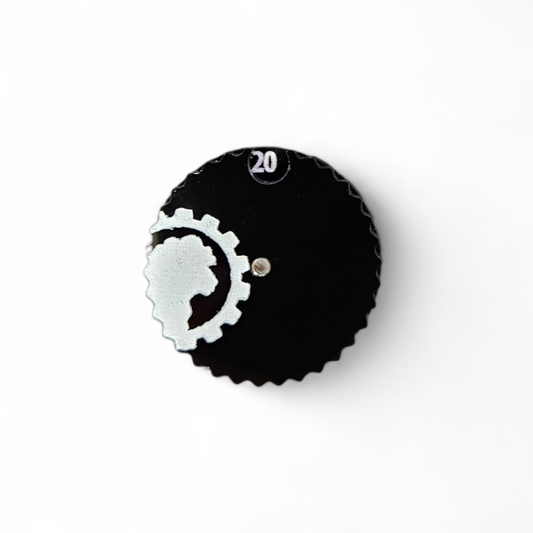 Black acrylic 1–20 counter dial with etched Blacksheep Industries gear logo and white painted numbers, magnet pre-installed, for tabletop RPG and CCG game tracking