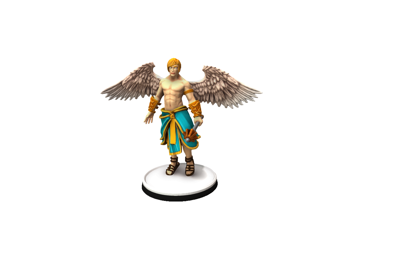 Front view of the Angel Deva Miniature for D&D and tabletop RPGs, highlighting its celestial design, dynamic pose, and golden accents.