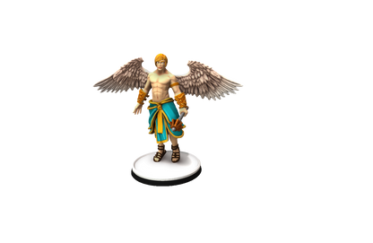 Front view of the Angel Deva Miniature for D&D and tabletop RPGs, highlighting its celestial design, dynamic pose, and golden accents.