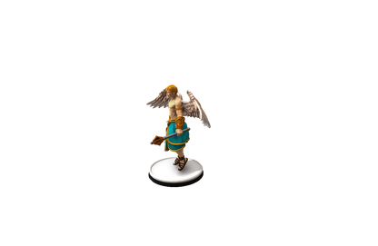 Side view of the Angel Deva Miniature for D&D and tabletop RPGs, featuring intricate wings, golden accents, and a 50mm base.