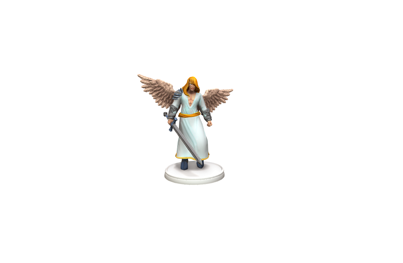 Front view of the Angel Solar Miniature for D&D and RPGs, showcasing its celestial design with a divine sword and radiant wings.