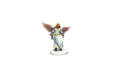 Front view of the Angel Solar Miniature for D&D and RPGs, showcasing its celestial design with a divine sword and radiant wings.