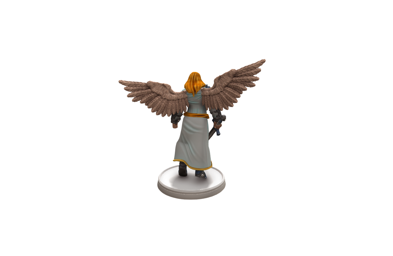 Back view of the Angel Solar Miniature for D&D and tabletop RPGs, featuring detailed wings and flowing robes on a 75mm base.