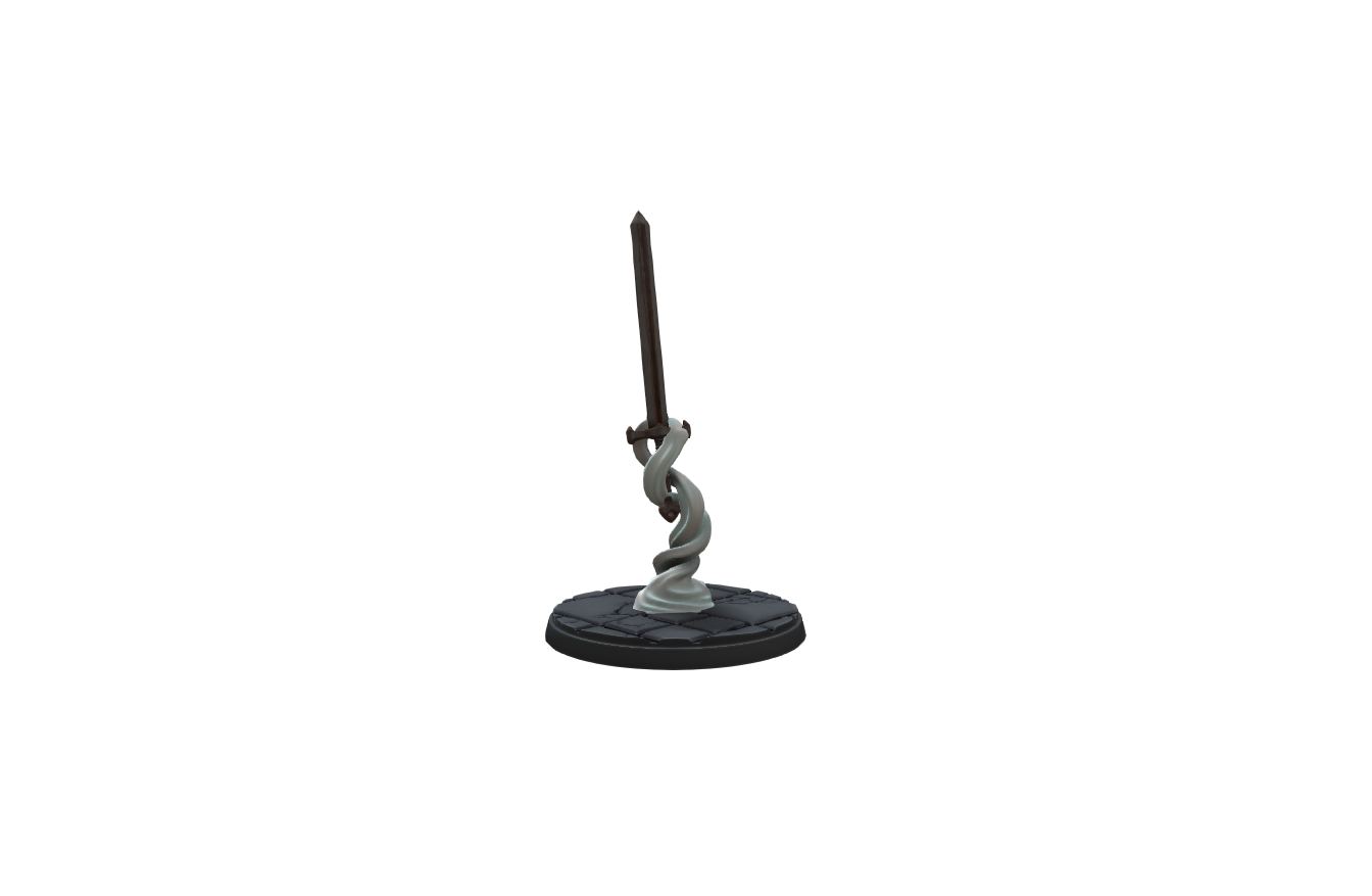 Front view of the Animated Flying Sword miniature for Dungeons & Dragons, highlighting its intricate details and enchanted appearance.