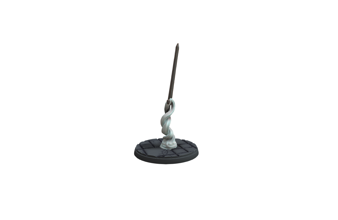 Side view of the Animated Flying Sword miniature for tabletop RPGs, featuring a swirling base design and dynamic sword stance.