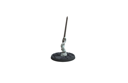 Side view of the Animated Flying Sword miniature for tabletop RPGs, featuring a swirling base design and dynamic sword stance.