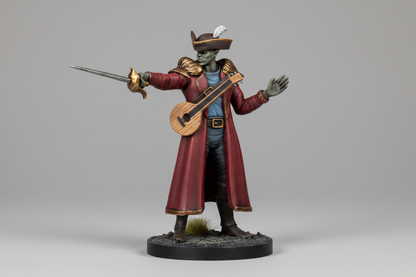 Statue of a character in a red coat holding a sword and a guitar on a gray background
