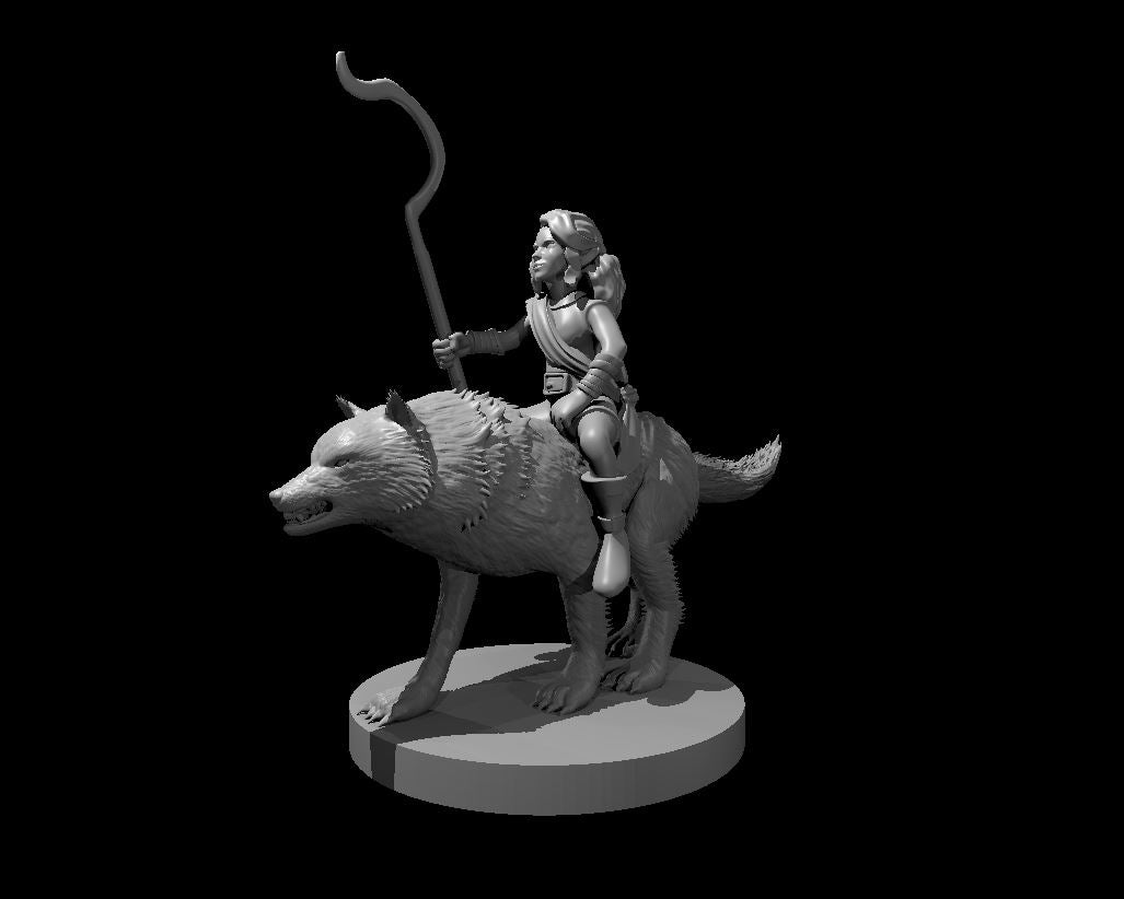 Halfling Female Druid Riding a Wolf (Staff) – RPG Miniature for Dungeons & Dragons, Pathfinder, and Tabletop RPGs