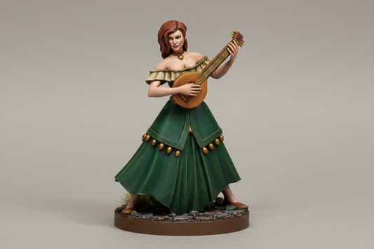 Statue of a woman in a green dress holding a guitar on a gray background