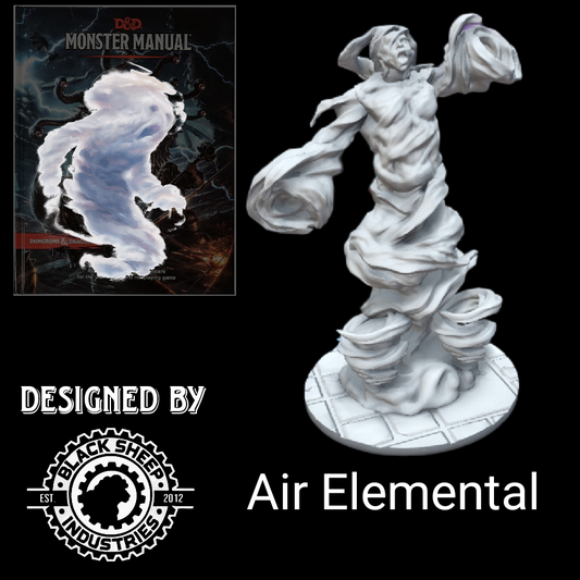 Air Elemental Miniature for D&D and tabletop RPGs, designed by Blacksheep Industries, showcasing a swirling, wind-like resin figure on a 50mm base.