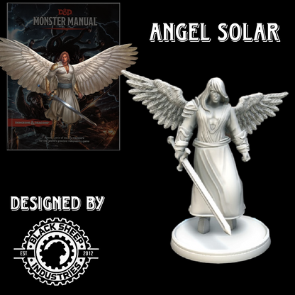 Angel Solar Miniature for D&D and tabletop RPGs by Blacksheep Industries, featuring intricate wings, flowing robes, and a divine sword, inspired by the D&D Monster Manual.