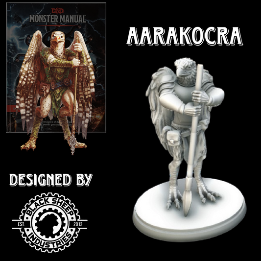 Aarakocra miniature designed by Blacksheep Industries for tabletop RPGs like Dungeons & Dragons, featuring a detailed avian humanoid holding a spear on a 28mm base.