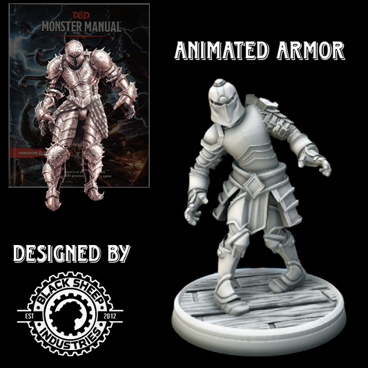 Animated Armor miniature for D&D and RPG adventures, designed by Blacksheep Industries, showcasing a resin-printed model on a 28mm base with detailed craftsmanship.