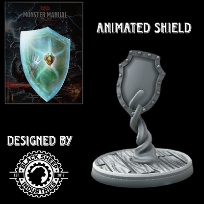 Promotional display of the Animated Shield Miniature with Monster Manual backdrop, designed by Blacksheep Industries for RPG campaigns.