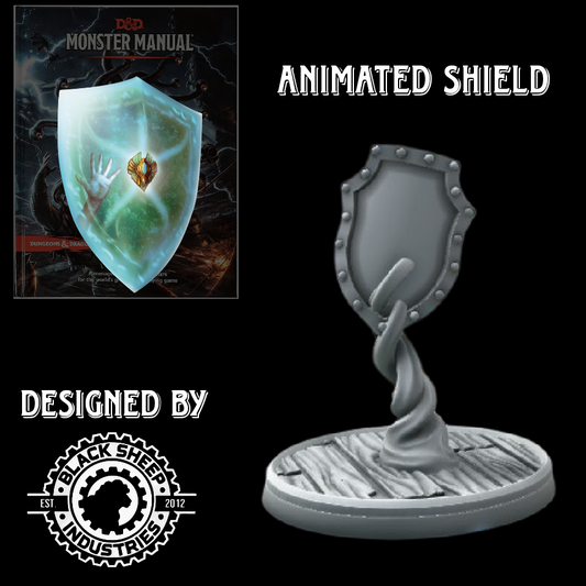 Promotional display of the Animated Shield Miniature with Monster Manual backdrop, designed by Blacksheep Industries for RPG campaigns.