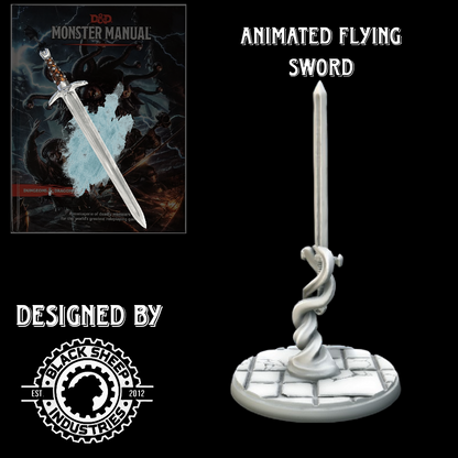 Composite image showing the Animated Flying Sword miniature for D&D with the Monster Manual reference, designed by Blacksheep Industries.