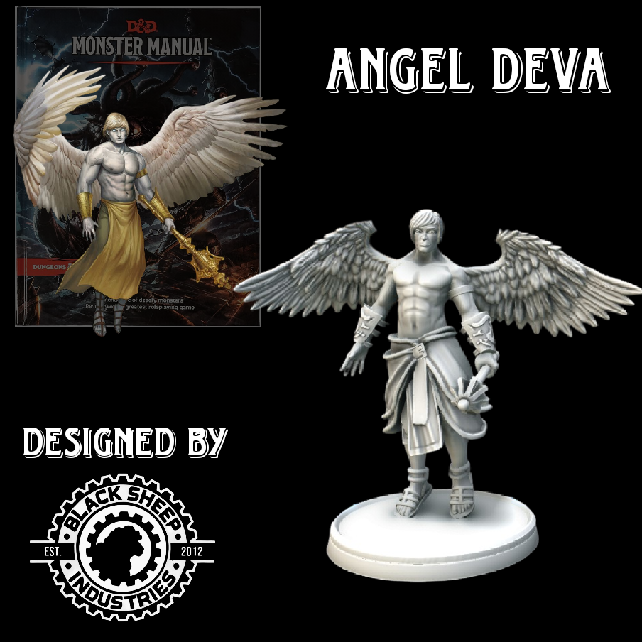 Angel Deva Miniature for D&D and tabletop RPGs, designed by Blacksheep Industries, featuring intricate wings, flowing robes, and a celestial weapon on a 50mm base.