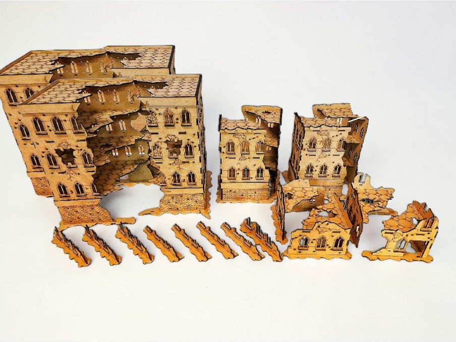20-piece destroyed city table terrain set MDF unassembled by Blacksheep Industries including 4-level buildings destroyed walls and corner buildings