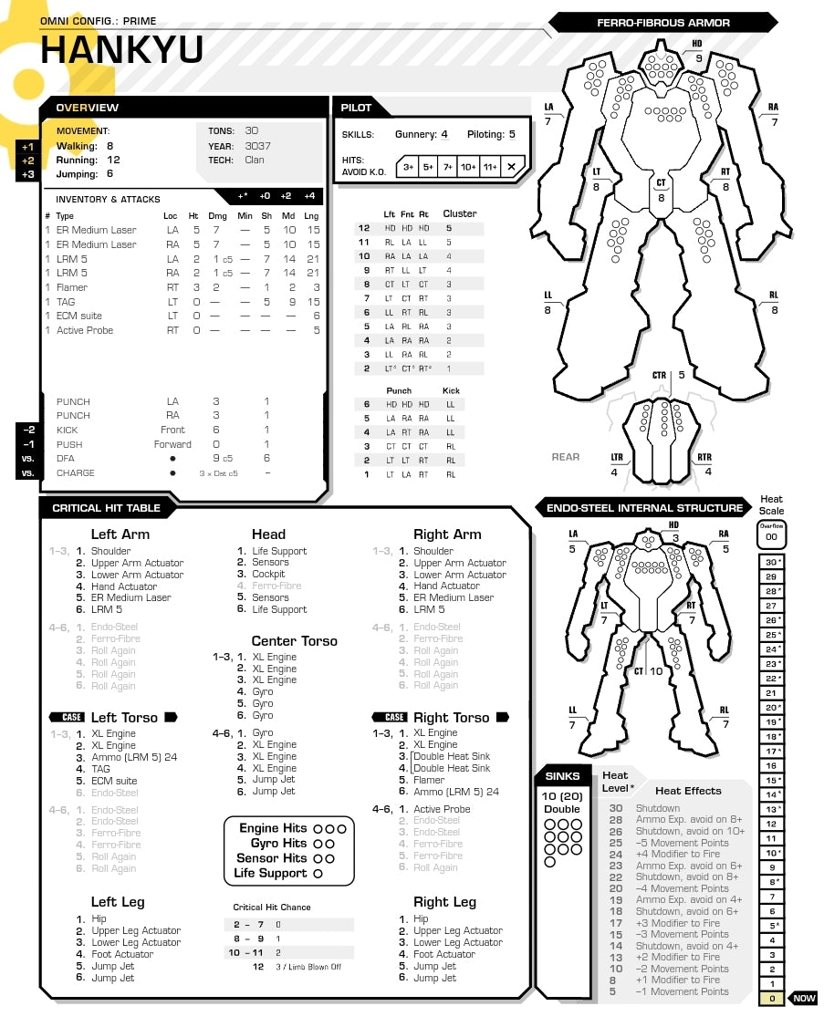 Stat sheet for the Arctic Cheetah (Hankyu) BattleMech, showing movement, weapons, and armor configurations for tabletop gameplay.