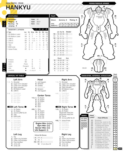 Stat sheet for the Arctic Cheetah (Hankyu) BattleMech, showing movement, weapons, and armor configurations for tabletop gameplay.