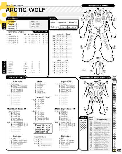 Arctic Wolf ARW-Prime BattleMech overview sheet showcasing specifications, armor layout, and tactical stats for BattleTech gameplay.