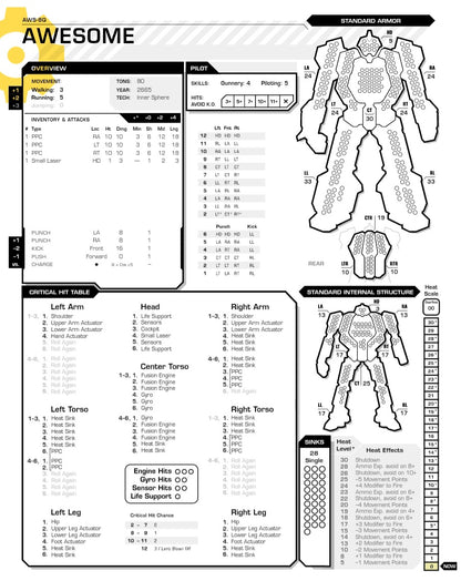 Alt Tag: Awesome AWS-8Q BattleMech Record Sheet – Detailed Specifications and Stats for BattleTech Gameplay