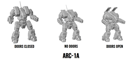 Archer ARC-1A BattleMech models showcasing three configurations: doors closed, no doors, and doors open, ideal for BattleTech tabletop gameplay.