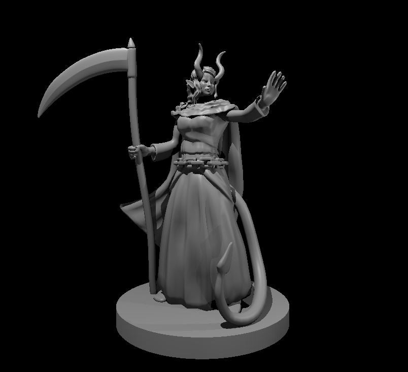 Tiefling Female Death Cleric (Scythe) – RPG Miniature for Dungeons & Dragons, Pathfinder, and Tabletop RPGs