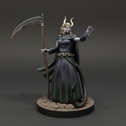 Tiefling Female Death Cleric (Scythe) – RPG Miniature for Dungeons & Dragons, Pathfinder, and Tabletop RPGs