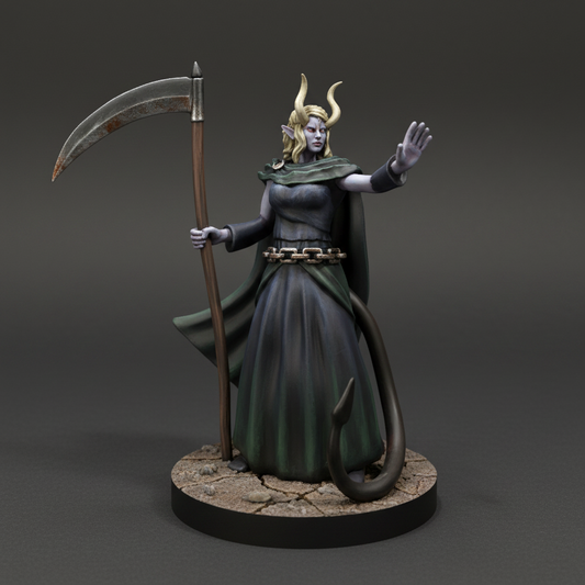 Tiefling Female Death Cleric (Scythe) – RPG Miniature for Dungeons & Dragons, Pathfinder, and Tabletop RPGs