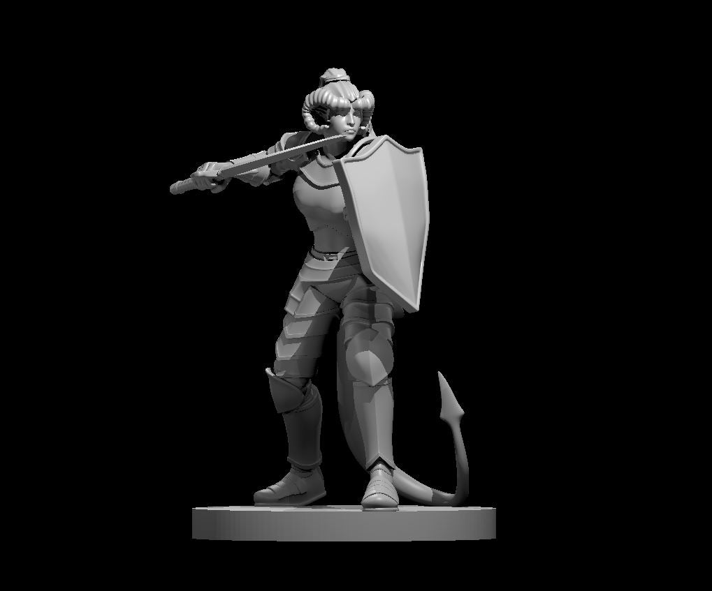 Tiefling Female Paladin (Sword & Shield) – RPG Miniature for Dungeons & Dragons, Pathfinder, and Tabletop RPGs